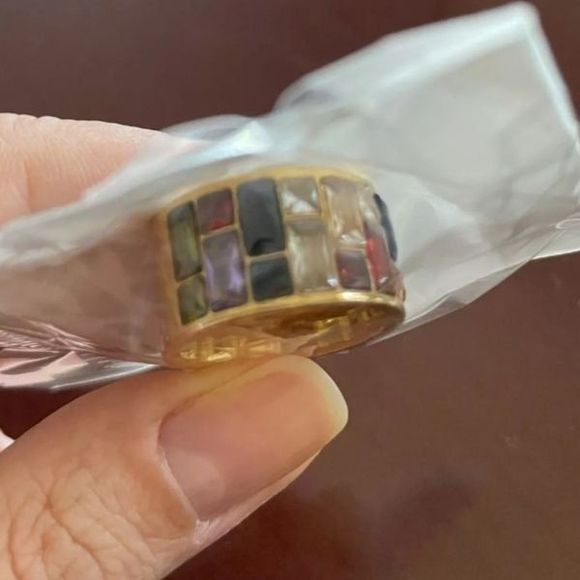 Gold solid titanium multi color Swarovski crystal boho ring sz 9  new - Picture 6 of 9